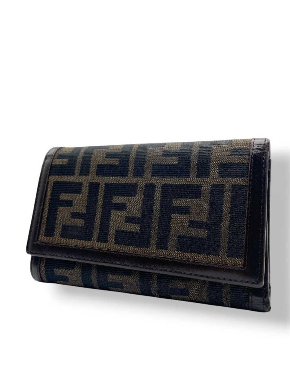 Fendi Zucca FF Logo Wallet Bifold Brown Canvas Leather All Over Print Flap